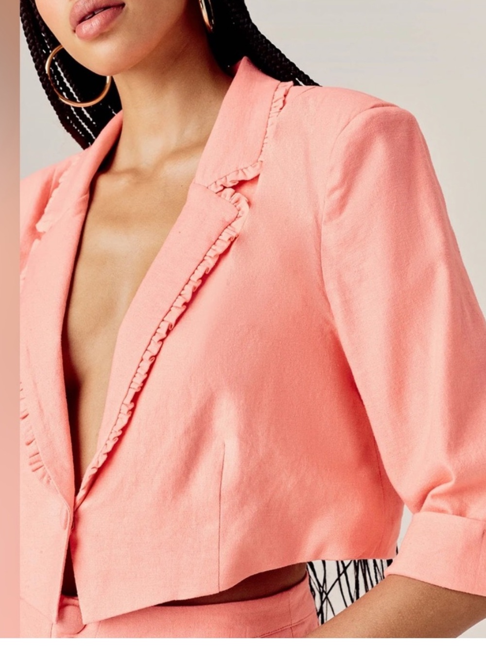 For love & lemons Millie cropped ruffled linen blend coral blazer sz xs